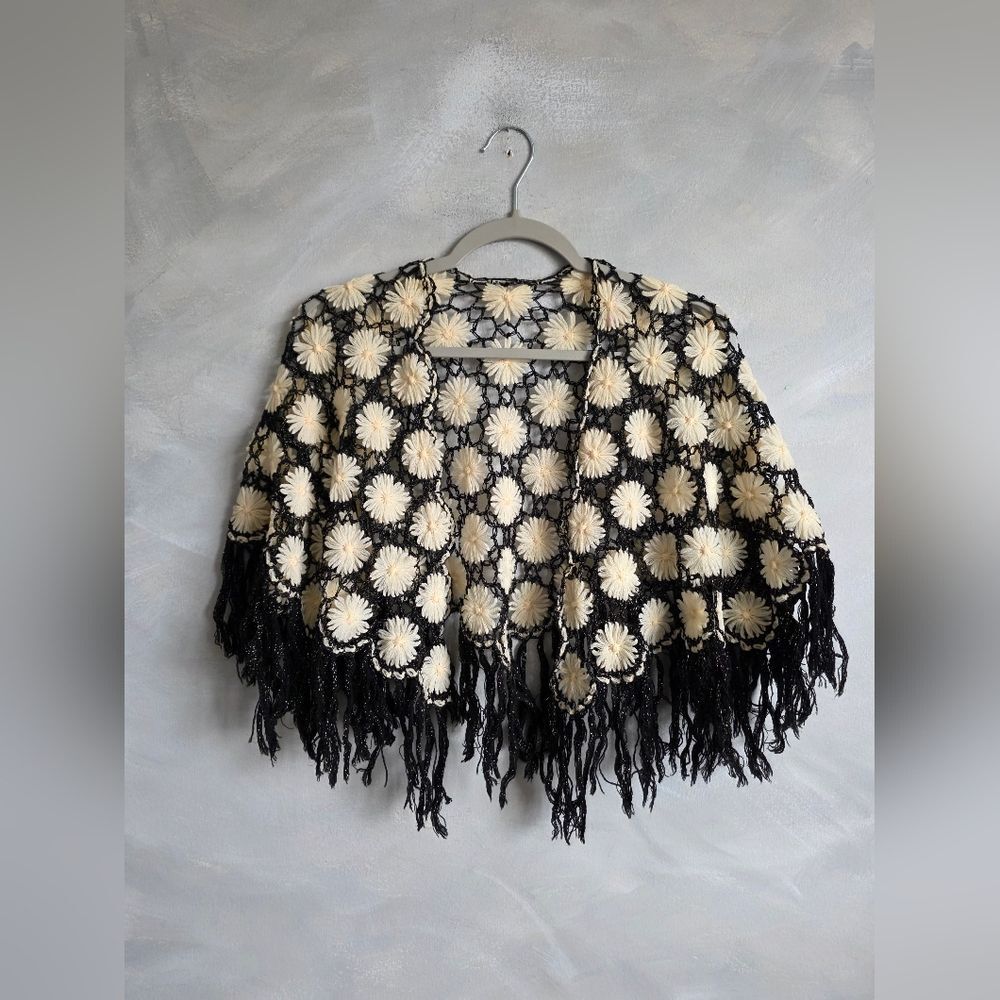 Black Cream Gold handmade crochet Shawl flower motif design Open Front OS